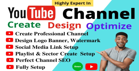 I will create and setup YouTube channel with logo,banner,intro and outer