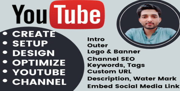 I will create and setup youtube channel with logo, banner, intro, and outer