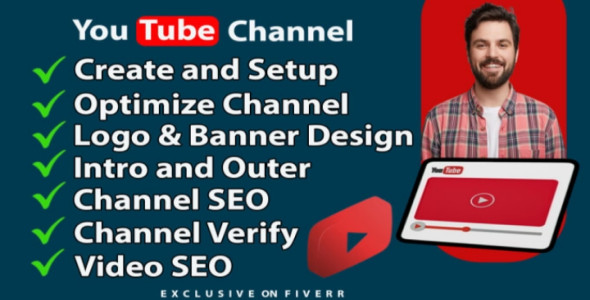 I will create and setup youtube channel with logo banner, intro, and outer