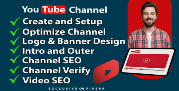 I will create and setup   YouTube channel with logo, banner, intro and ouber