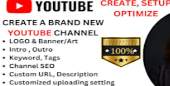 I will create and setup youtube channel with logo, banner, intro, and outer.